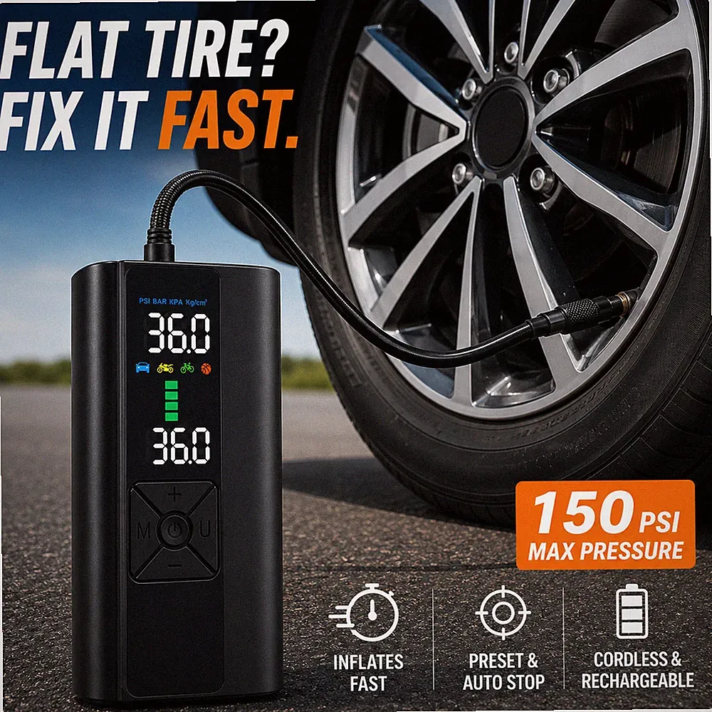 Cordless Tire Inflator Portable Air Compressor 150PSI Digital Auto Shut Off Car