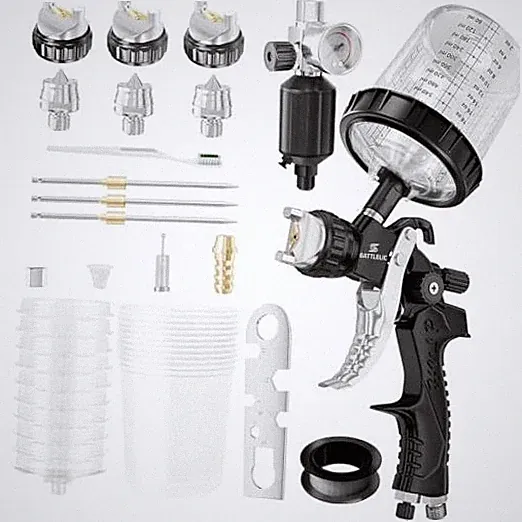 HVLP Air Spray Gun with 1.4/1.7/2mm Nozzles & Air Compressor Regulator, Black