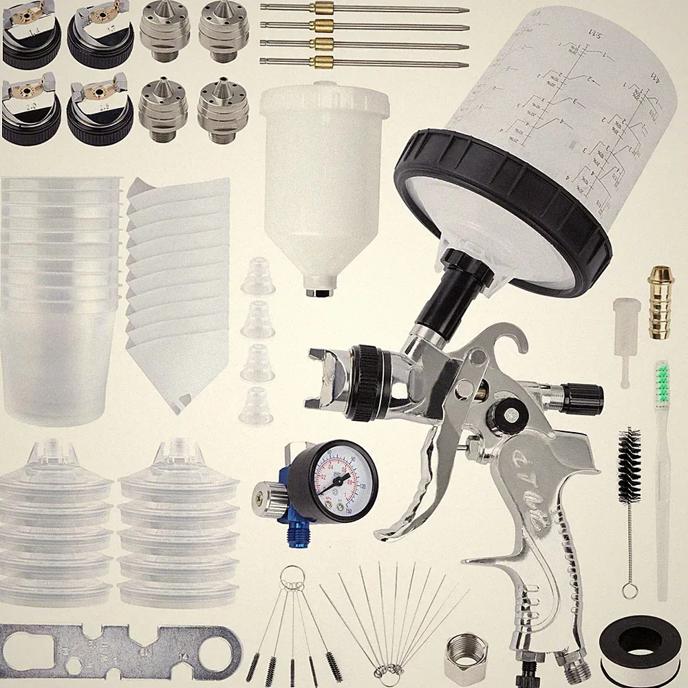 HVLP Paint Spray Gun with 1.4/1.7/2.0/2.5mm 4 Nozzles & Air Compressor Regula...