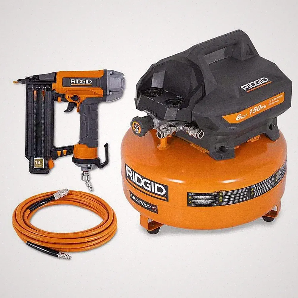 RIDGID 6 Gal. 150 PSI Electric Pancake Air Compressor w/18ga Brad Nailer & Hose