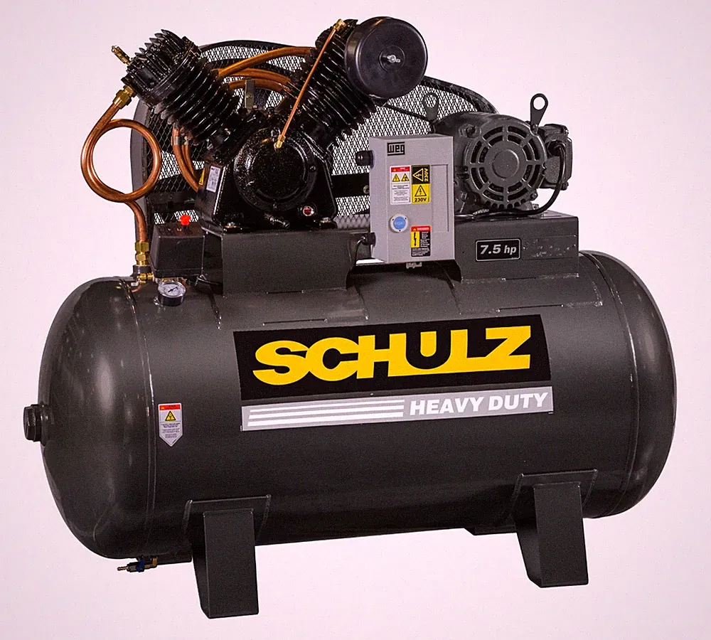 SCHULZ AIR COMPRESSOR, 7.5HP, 3 PHASE, HORIZONTAL 80 GAL TANK, 30CFM, 175 PSI