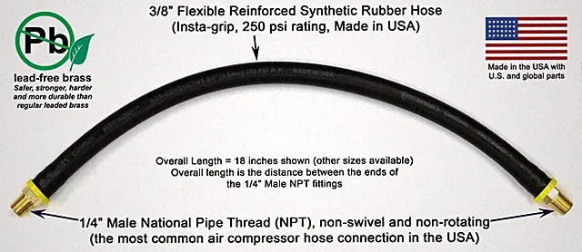 Short Air Compressor Hose: 1/4" Male NPT To 1/4" Male NPT Connections, Lead-Free