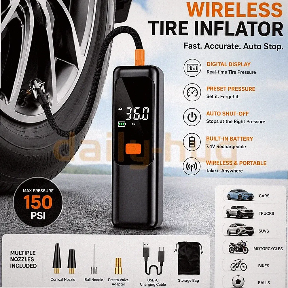 Tire Inflator Portable Air Compressor Cordless Tire Pump Digital Display 150 PSI